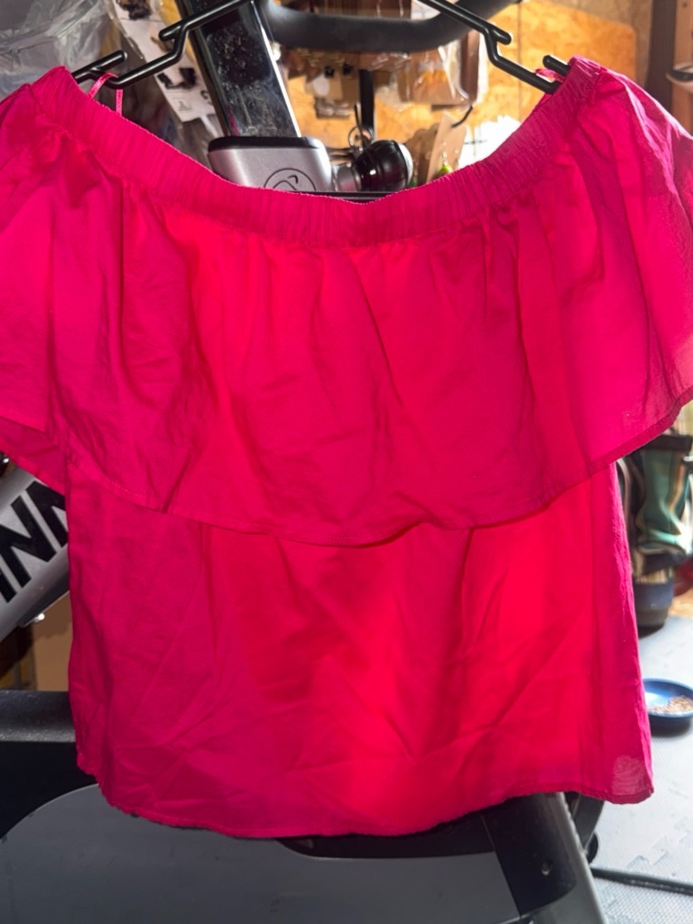 Express Hot Pink Off-Shoulder Ruffle Crop Top